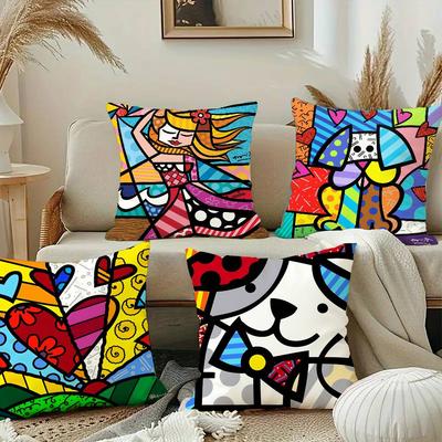 Housse d'oreiller B-Britto Art Design Tissu Peluche Douce Housse d'oreiller Impression Double Face Housse de Coussin Cadeaux pour la Maison