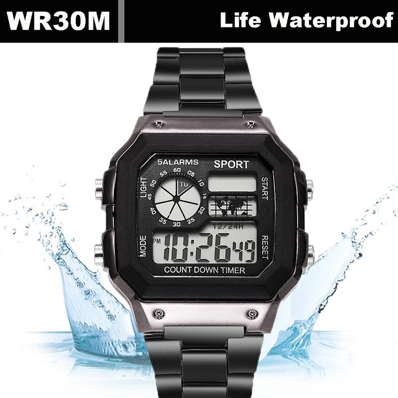 Men's Military Watch Luxury Sport Digital Watch Stainless Steel Countdown Waterproof Electronic Wristwatch for Men Gift