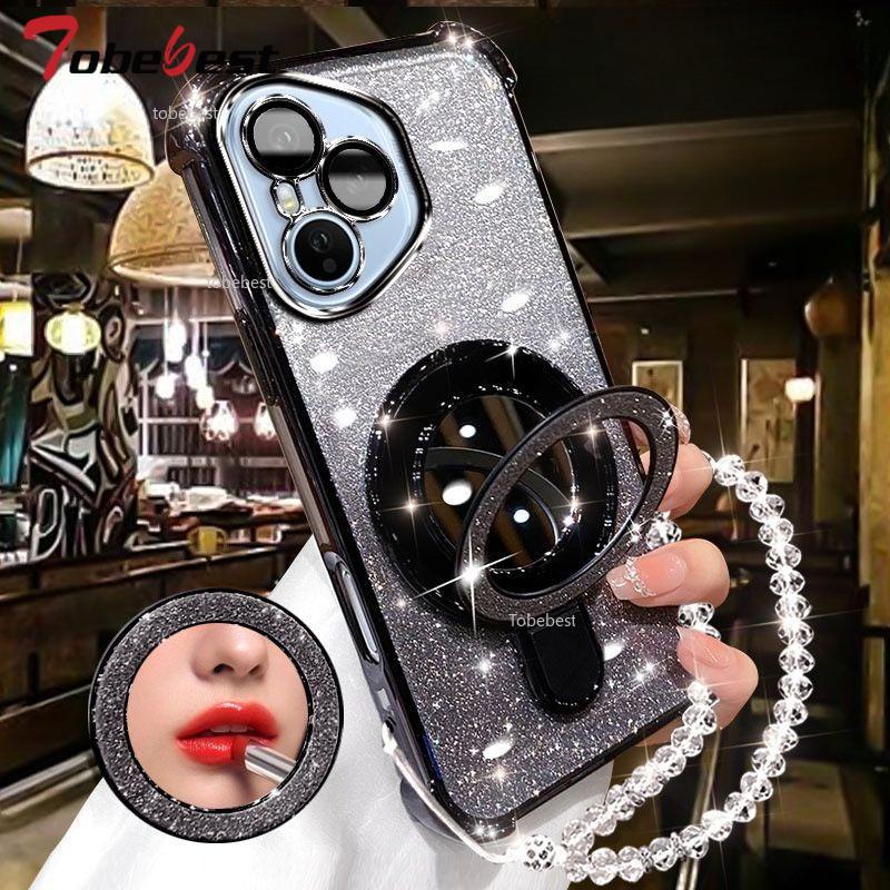 For Huawei Honor 400 Lite 300 Ultra 200 100 90 Pro Case Glitter Plating Makeup Mirror Magnetic Phone Holder Bracelet Cover