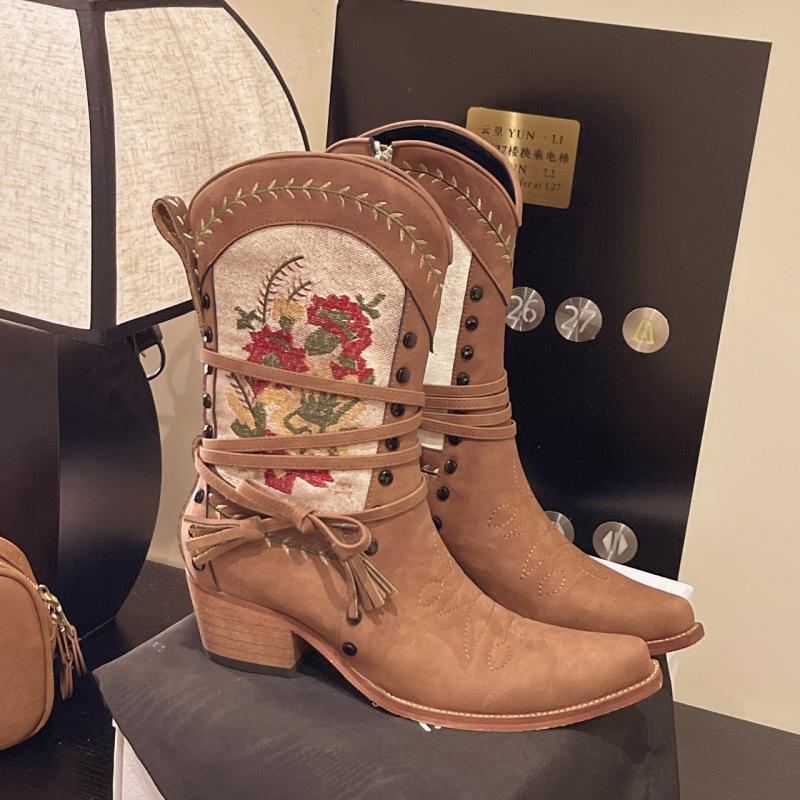 European and American style autumn fringed thick heel color matching pointed head medium tube large size leather boots