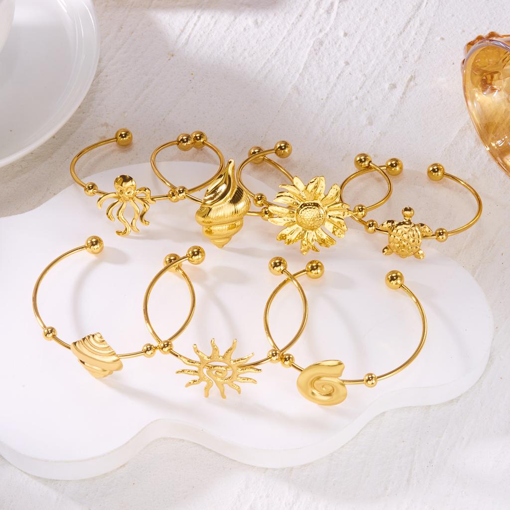 Vacation Style Stainless Steel Cuff Bangle for Women Gold Color Adjustable Conch Octopus Turtle Bracelet Beach Party Jewelry