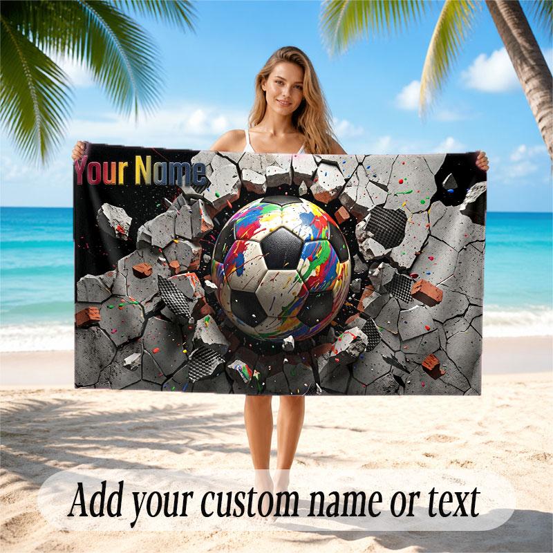 Soccer Theme Beach Towel Personalized Custom Name & Text Soft Quick Dry Beach Towel for Swimming Travel