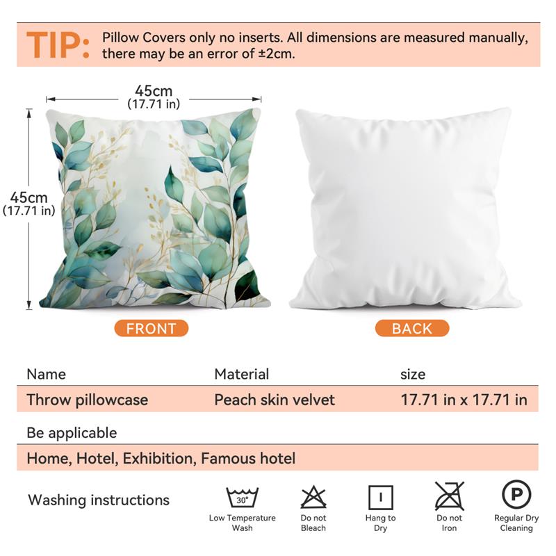 Turquoise Watercolor Leaves Cushions Pillowcase Printed Polyester 45X45Cm Throw Pillow Cover Decorative Sofa Cushion Pillowslip