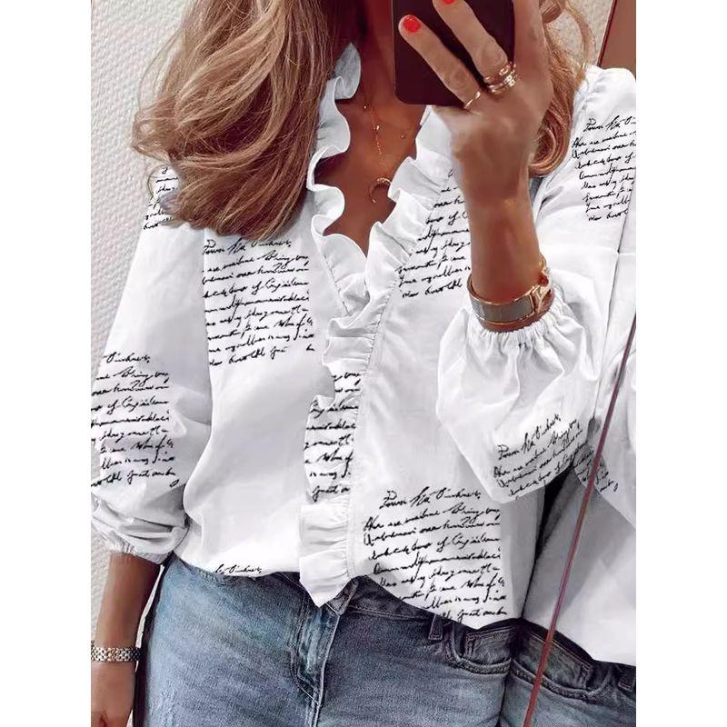 Long-Sleeved Ruffled Shirt for Women Long Sleeves Ruffles V-neck Shirt Shirt