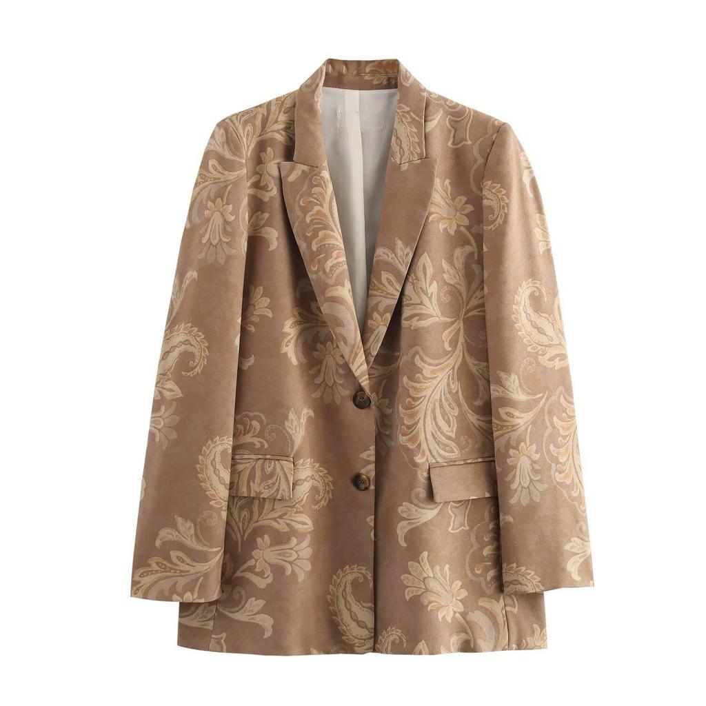 2025 Spring Women's Printed Long-Sleeve Button-Up Turn-Down Collar Casual Suit Jacket