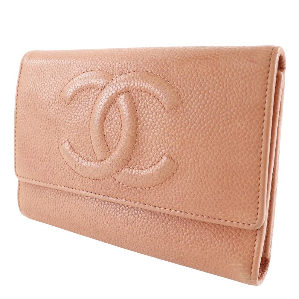 Chanel COCO Mark Tri-fold Wallet Pink Caviar Skin Women Used
