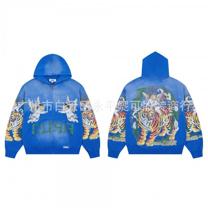 Vintage Washed Hoodie With Rhinestone Embroidery Streetwear Hip Hop Oversized Zip-Up Sweatshirt Men