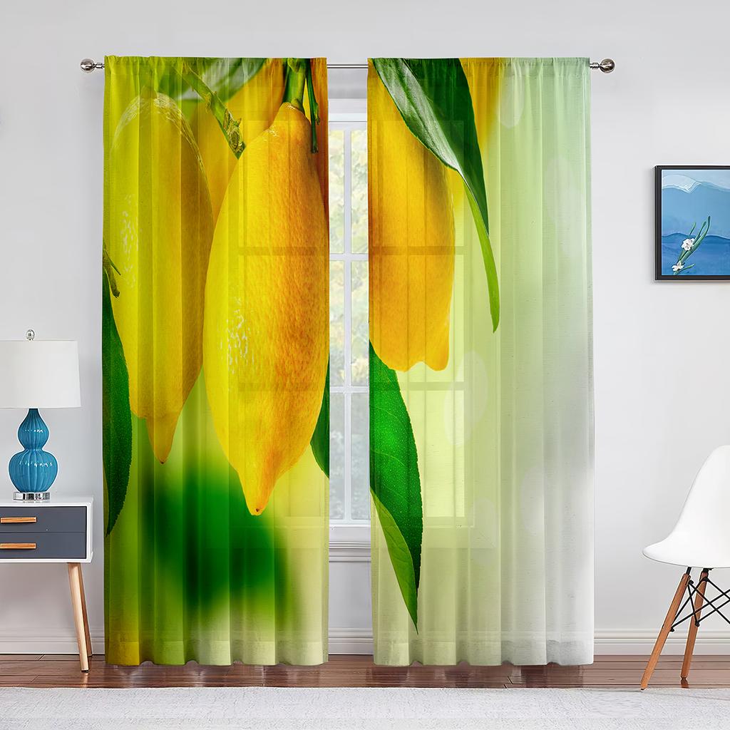 2 Paneele Zitronenfrüchte Grüne Blätter Malerei Vorhänge für Schlafzimmer Wohnzimmer Dekor Vorhang für Küche Heimvorhänge Stangentasche Haken