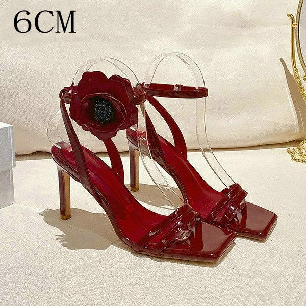 Fashion 2025 New Niche Designer Square Head Patent Leather Flower Open-Toe Line With High Heel Sandals Large Size 42.43