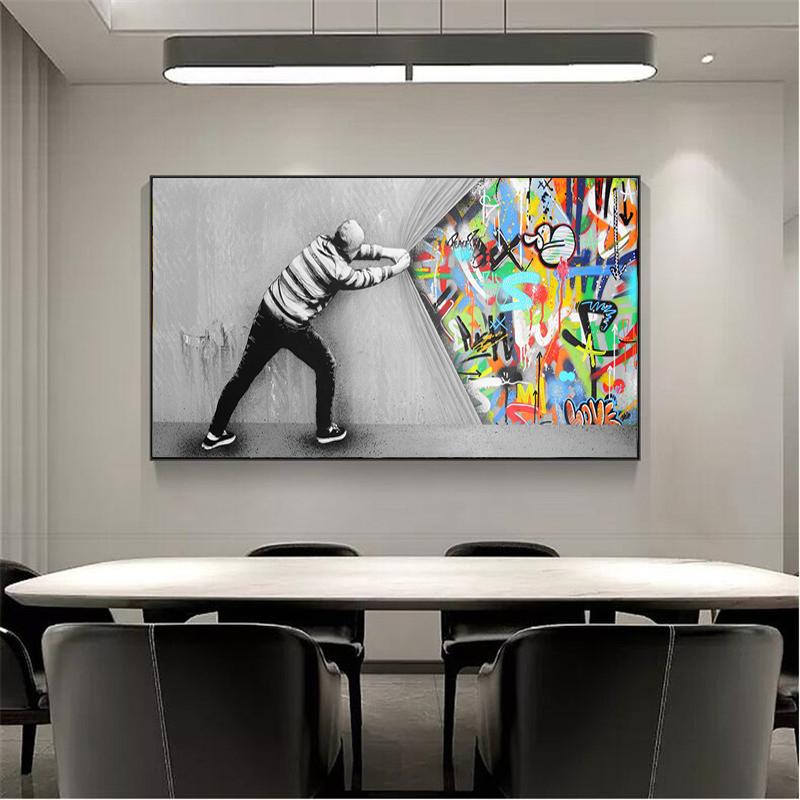 Graffiti Art Wall Pictures For Living Room Behind The Curtain Pop Street Art Canvas Painting Wall Art Posters And Prints Quadros
