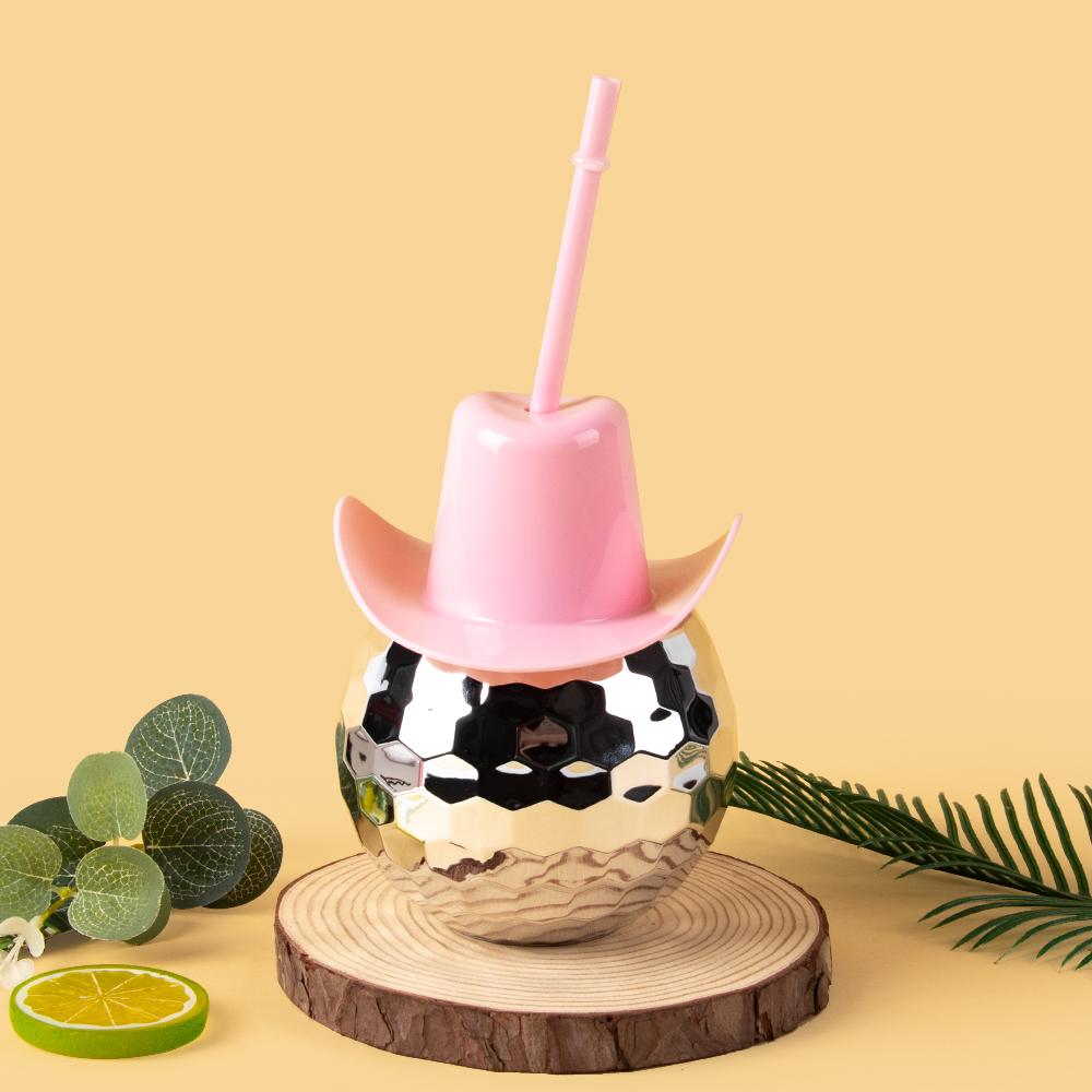 Mirror Disco Ball Cup White Pink Cowgirl Hat Cups with Straw 70s Disco Cowboy Bachelorette Party Favors Western Themed Supplies