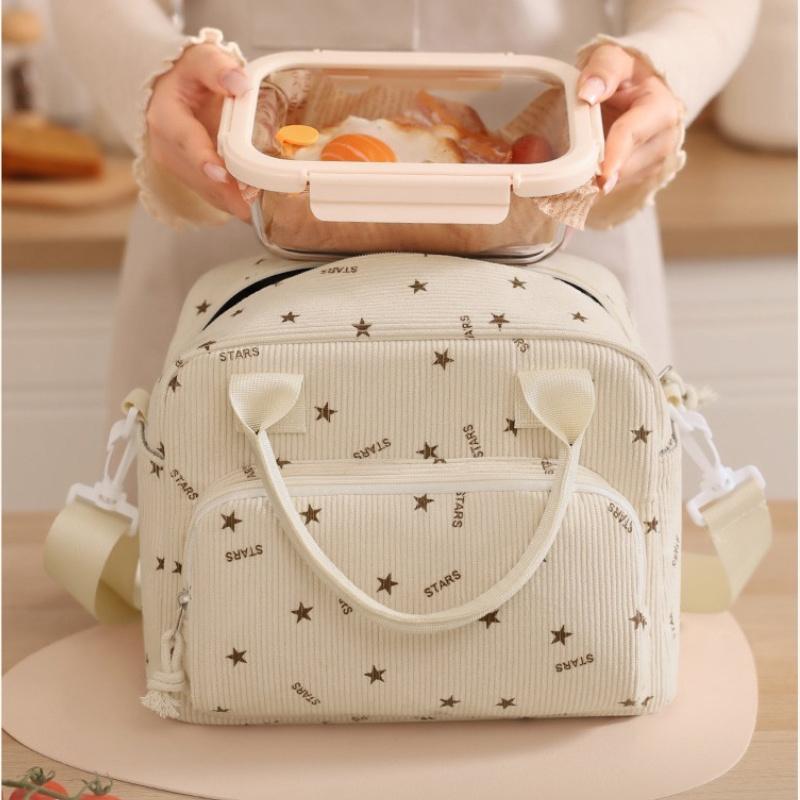Floral Corduroy Lunch Bag Printed Food Handbags Portable Thermal Lunch Box Bag Waterproof Office Cooler Ice Insulated Case