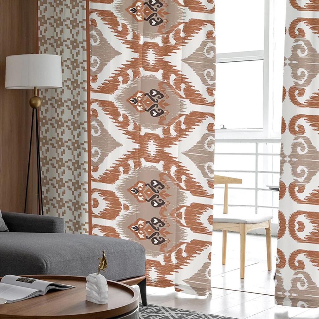 Abstract Line Block Brown Pattern Sheer Curtains for Bedroom Window Holiday Decoration Voile Tulle Transparent