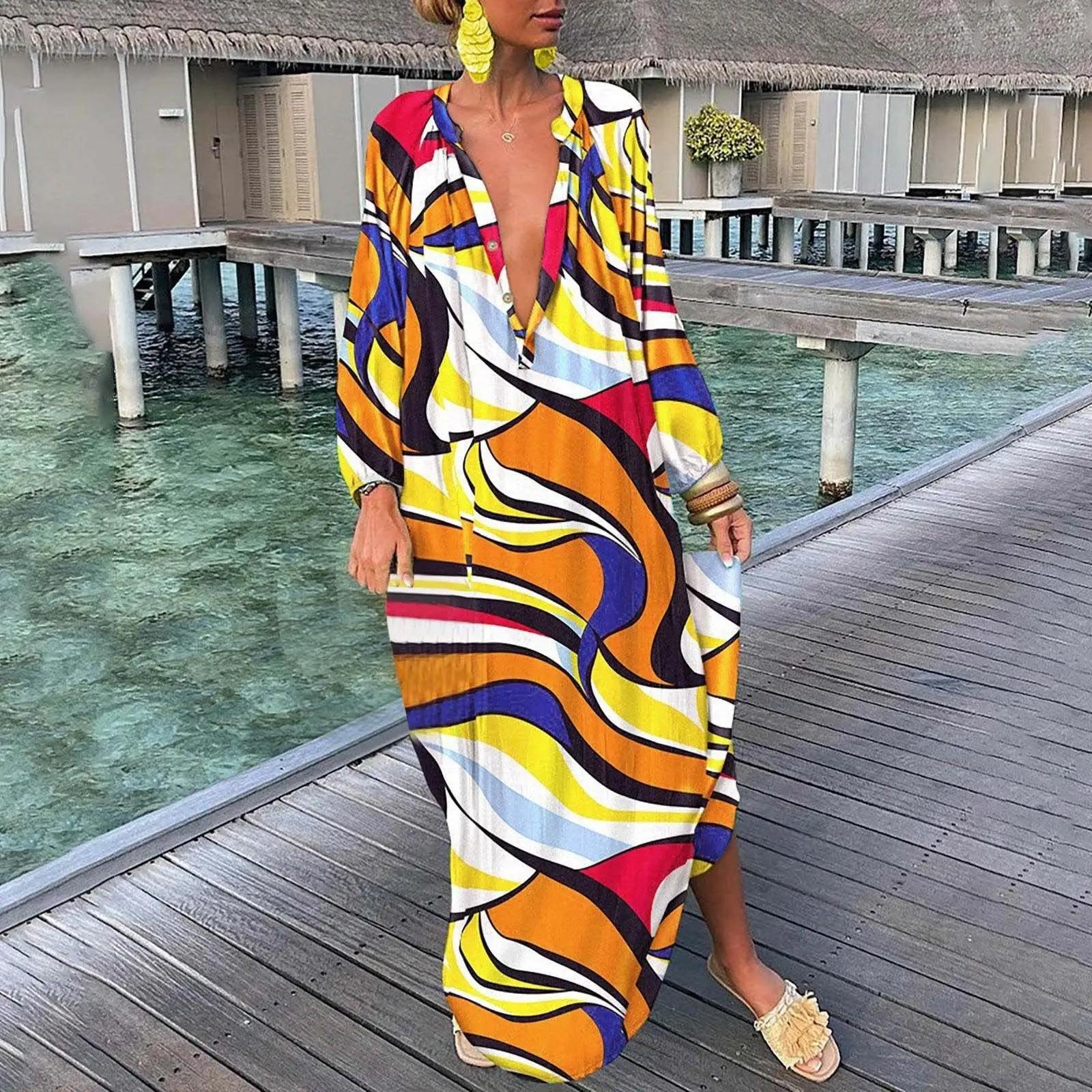 

Женское модное свободное платье с v-образным вырезом и длинным рукавом S жёлтый