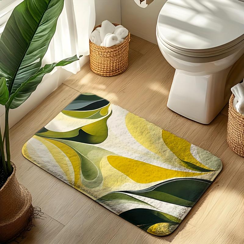 Abstract Artistic Wave Pattern Printed Flannel Bath Mat With Yellow Green And Beige Design Soft Non Slip Rug For Bathroom