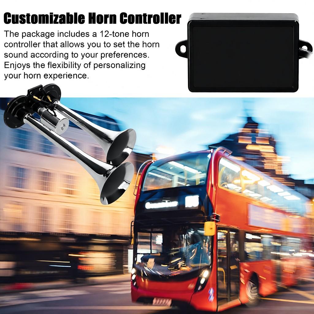 110dB Dual Trumpet Air Horn Loud Electric Horn 12-24V with 12 Sounds Horn Controller for Car Truck RV Marine Boat