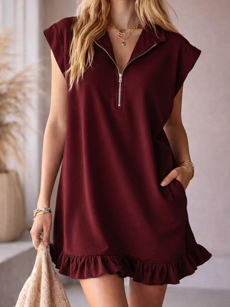 Summer New Arrivals Sleeveless Double Pocket Dress with Zipper V-Neck Ruffles A-Line