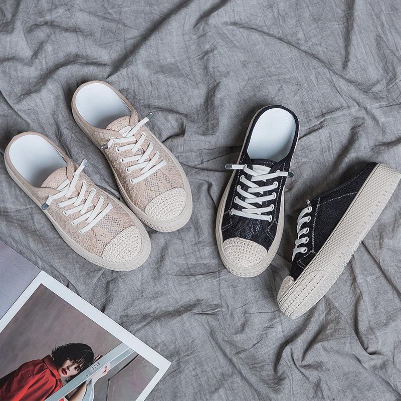 Fisherman shoes women's 2025 summer new breathable lazy one-pedal slippers casual flat lace fashion mesh shoes