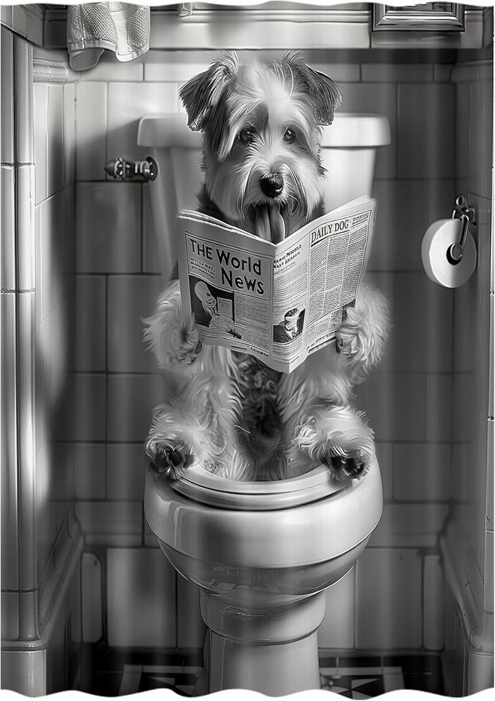 Lustiger Hund Duschvorhang, Berner Sennenhund sitzt auf der Toilette und liest Zeitung, Wasserdichte Polyester Duschvorhang-Sets