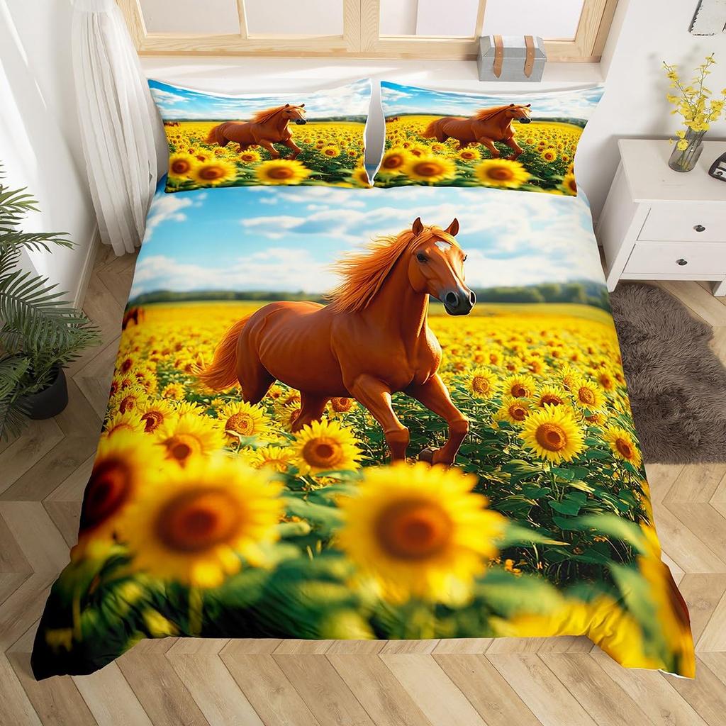 Horse Duvet Cover Western Cowboy Farmhouse Animal Bedding Set Soft Sunflower Floral Comforter Cover Twin Queen For Boys Girls