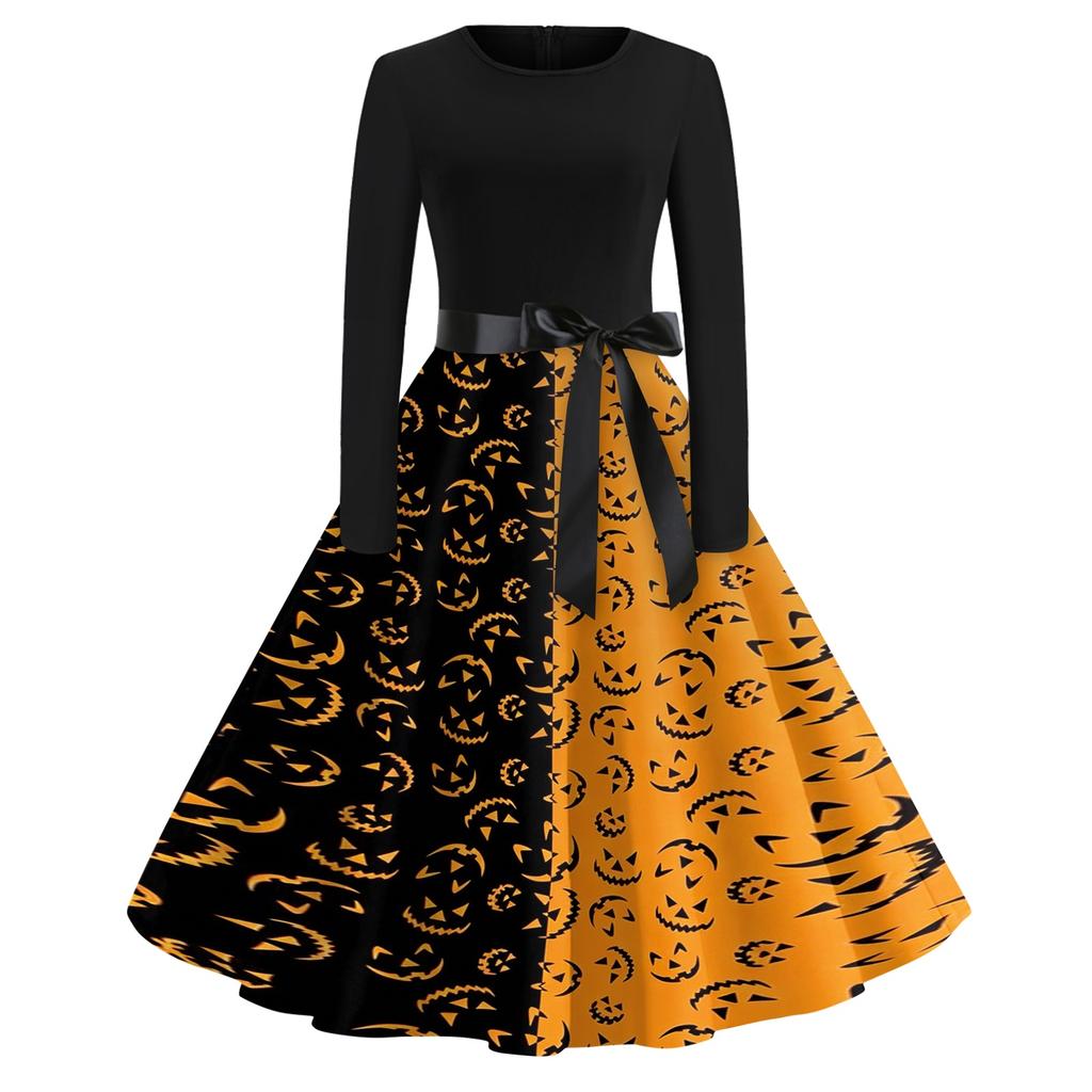 Vintage Dress for Women Retro Halloween Dress with Pumpkin Skull Print Long Sleeve Western Dress for Women Boho Maxi Dress