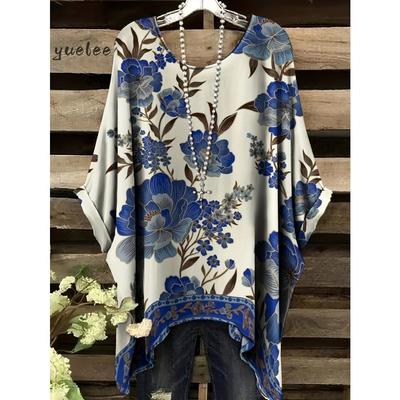 T-shirt Estiva Elegante Bohemien Bicolore da Donna con Stampa Floreale a Forma di Cuore e Farfalla, Scollo Tondo, Blusa Casual, Abbigliamento Bohemien da Donna