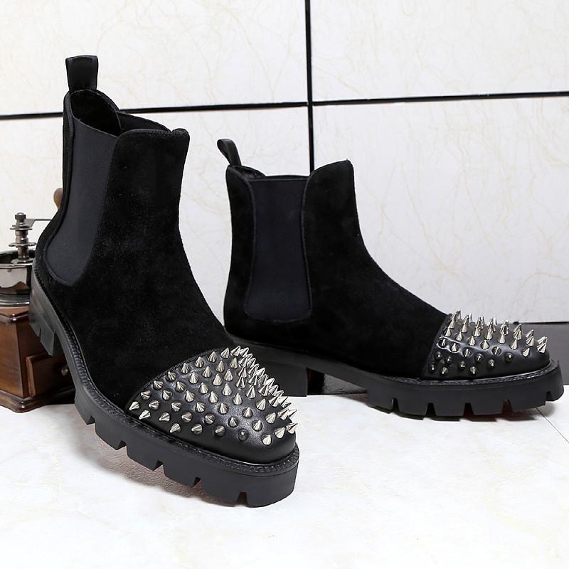 Chelsea Boots Men'S Boots Leather High-Top Rivet Boots Top Layer Cowhide Autumn And Winter Punk Boots Frosted Leather Boots Men