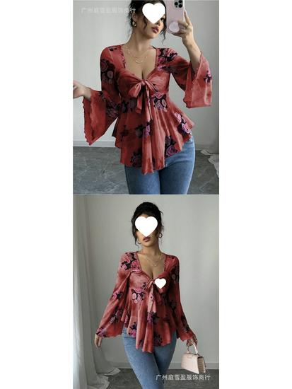 European Floral Gradient Tie-Up Square Neck Long Sleeve Shirt