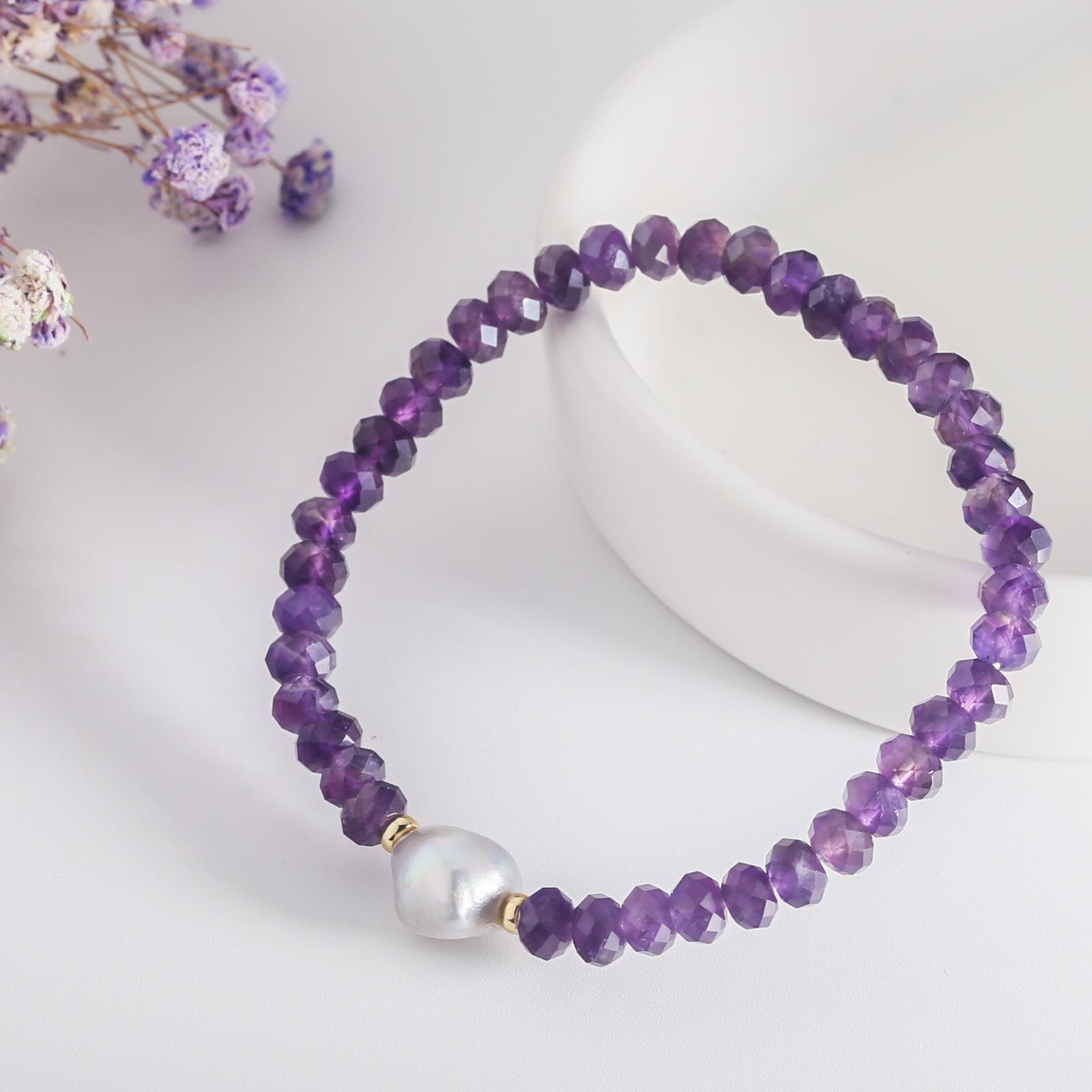 

Amethyst & Baroque Pearl Stretch Bracelet with Faceted Beads for Women аметист