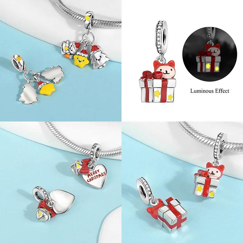 Coppergift Box Charm Luminous Beads Fits Brand Bracelet Diy Merry Christmas Fine Jewelry Pendant For Women Gift