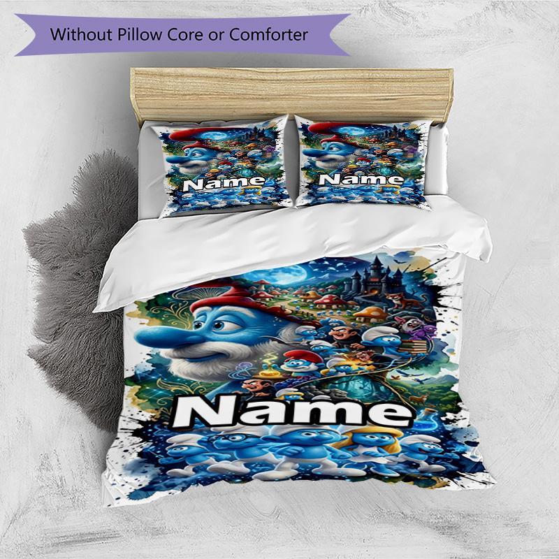 3pcs Duvet Cover Set (1*Duvet Cover + 2*Pillowcase, Without Core), Custom Name Blue Smurfs Pattern Bedding Set, Home Bedroom Decor Gift