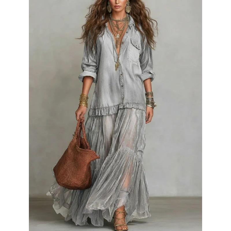 Vintage Turn Down Collar Imitation Denim Casual Long Dress For Women