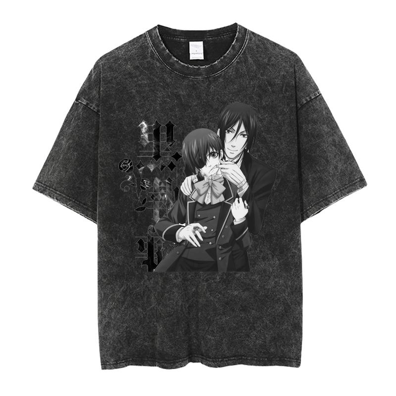 T-shirt Stampata Cool con Personaggio Michaelis Sebastian di Black Butler per Uomo Donna Magliette in Cotone Manga T-shirt Lavata Vintage T-shirt Maschile Harajuku