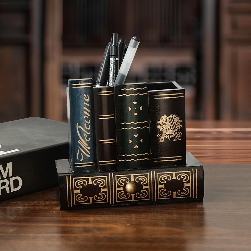 American Retro Wooden Pen Holder: Multi-functional Fake Book Desktop Storage Box and Home Study Ornament.