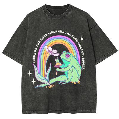 Verkauf Frosch Regenbogen Blumenmuster Damen T-Shirt Gewaschene Baumwolle Übergroße T-Shirts Hohe Qualität Unisex Kurzarm Lustig