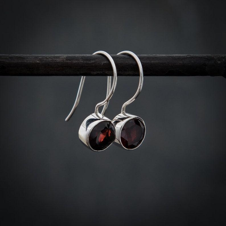 Solid 925 Sterling Silver Garnet Round Gemstone Earring Minimalist Earrings Drop Earrings