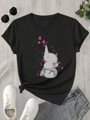 Con Lindo Elefante De Dibujos Animados Corazones Rosas Estampado Gráfico Mujer Harajuku Manga Corta Casual Camiseta Mujer