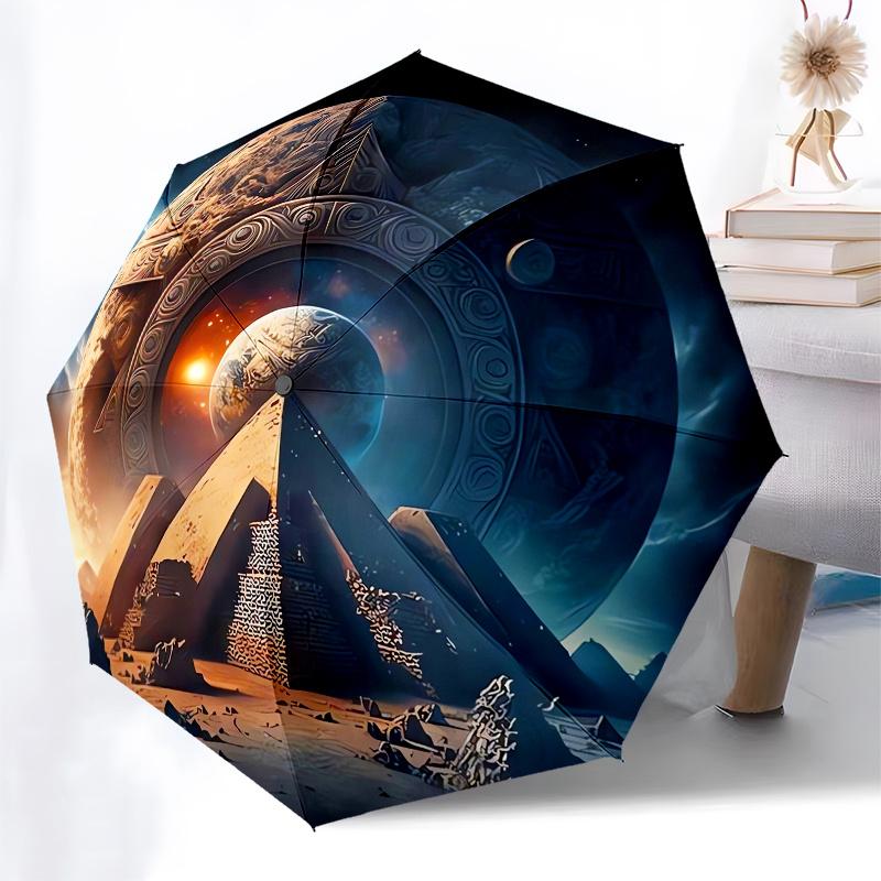Antike Zivilisation, Kosmisches Tor Automatischer Regenschirm einfaches Acht-Rippen-Design, leuchtendes Farbmuster, robuster Eisenrahmen, ideal für