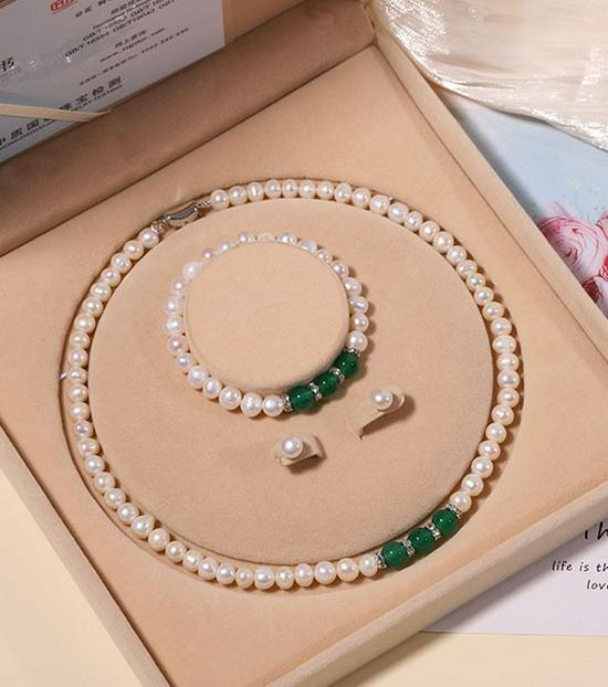 Zhuji Süßwasserperlen-Halskettenset für Damen - Echte Perlen Schlüsselbeinkette - Muttertagsgeschenk