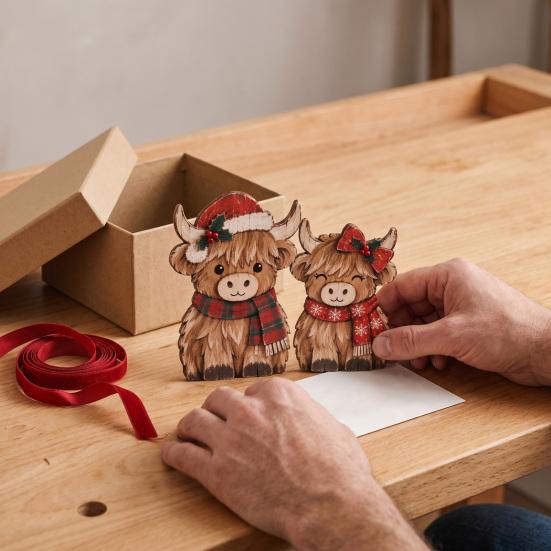 Rustic Christmas Table Centerpieces 2Pcs Highland Cow Ornament Set, Decorative Wooden Tabletop Farmhouse Tiered Tray Decor Figurine for Holiday