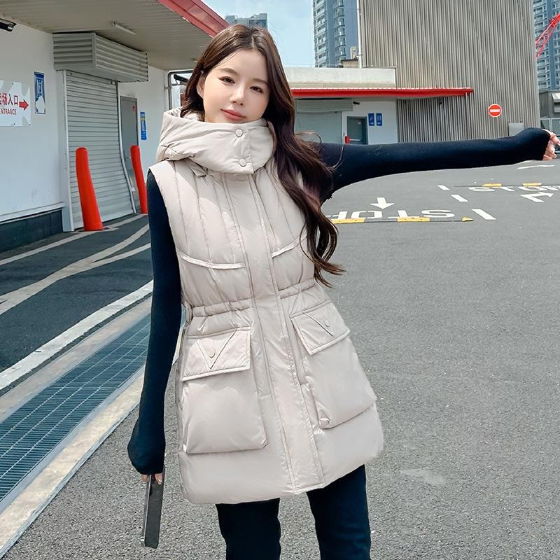 Women's down cotton medium and long cotton vest outer wear cotton vest loose warm waist drawstring vest