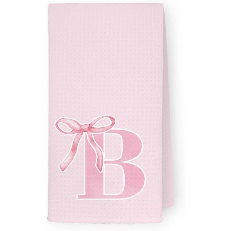 Coquette Pink Bows Personalized Kitchen Towels, Initial K Letter Decor, Pink Monogrammed Hand Towels for Bathroom, Sweet Dish Towels for Kitchen