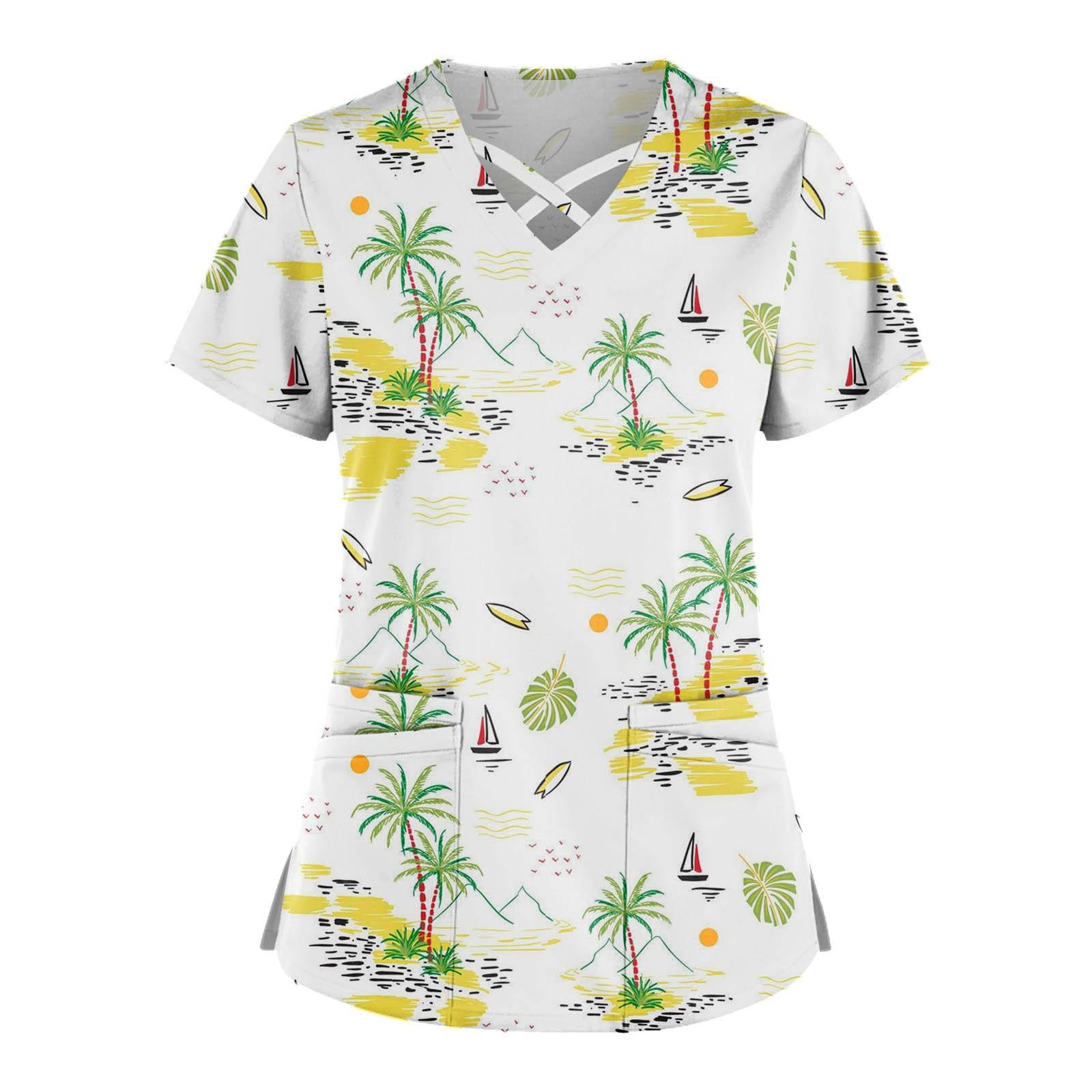 

Робоча уніформа великого розміру з принтом і принтом. Топи для жінок з хрестовим V-подібним вирізом і короткими рукавами Веселі футболки Робочий одяг Футболка з кишенями XXXXXL білий