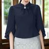 ZANZEA Women Casual Stand Collar 3/4 Sleeve Elegant Loose Blouse