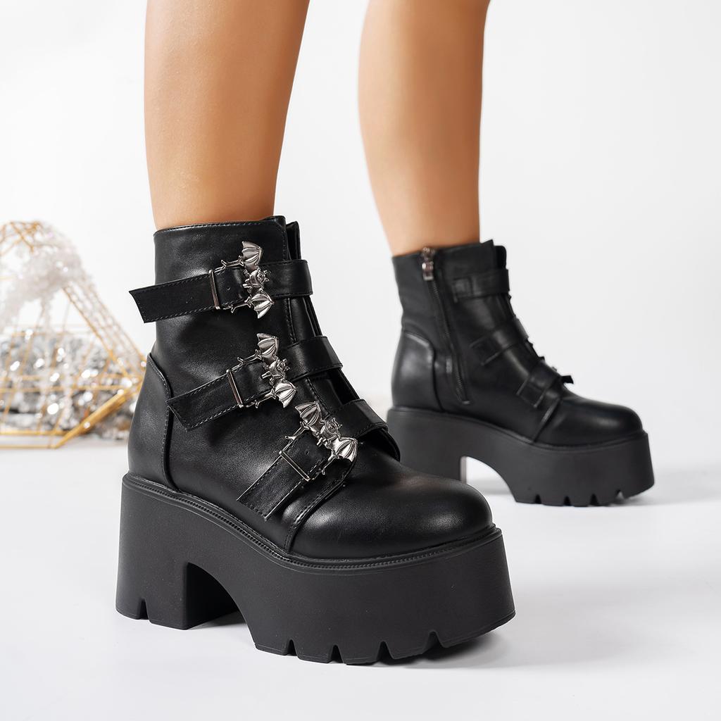 Fashion Winter Brand New Women Platform Boots Goth Fashion Mid Calf Boots Women Punk Motorcycle Chunky High Heeled Shoes for Women