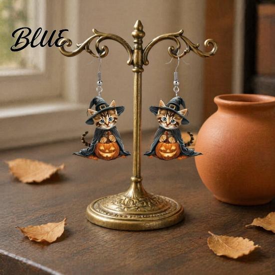 Anti-rust Metal Earrings 1 Pair Halloween Witch Cat for Women Acrylic Cute Curved Ear Hooks Kitten Dangle Drop with Pumpkin Party Costume