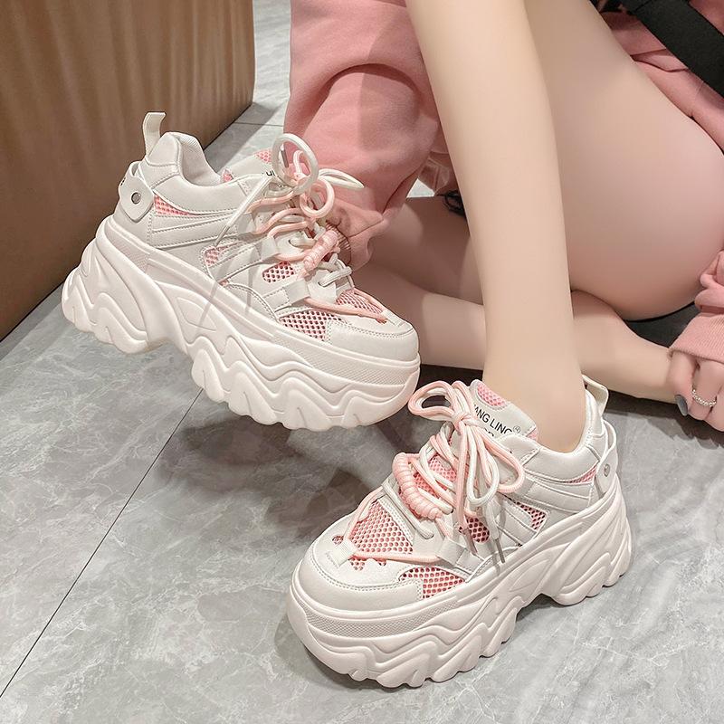 Popular 2025 spring new thick-soled muffin, inner height increase mesh breathable little white shoes, versatile casual dad shoes