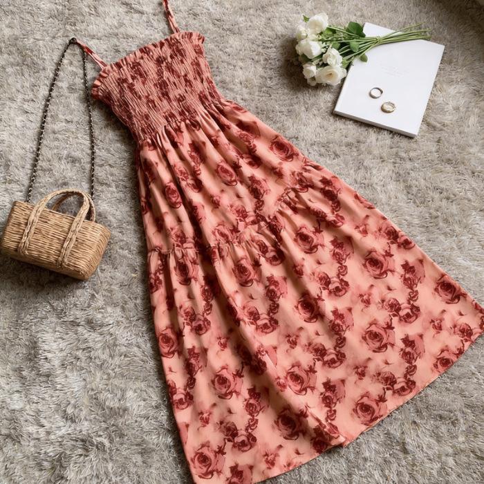 

French rose print lace-up dress women s summer new design waist fashion suspender dress S