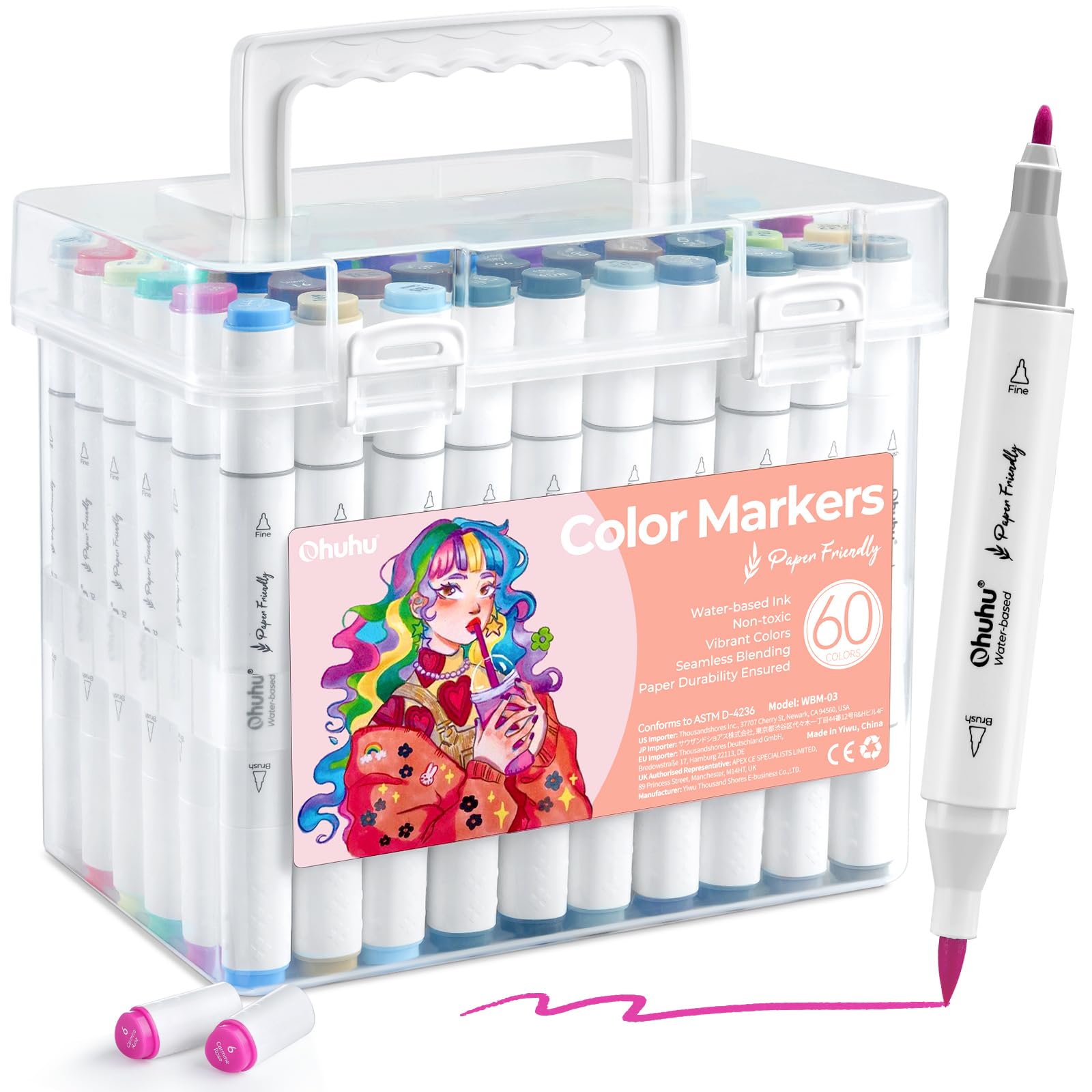 

Ohuhu Illustration Markers - Paper-Friendly Water-Based Pens, Brush Tip, Fine Tip, 59 Colors, 60 Pens - Marker Pens, Watercolor, Illustration Pens, Dr