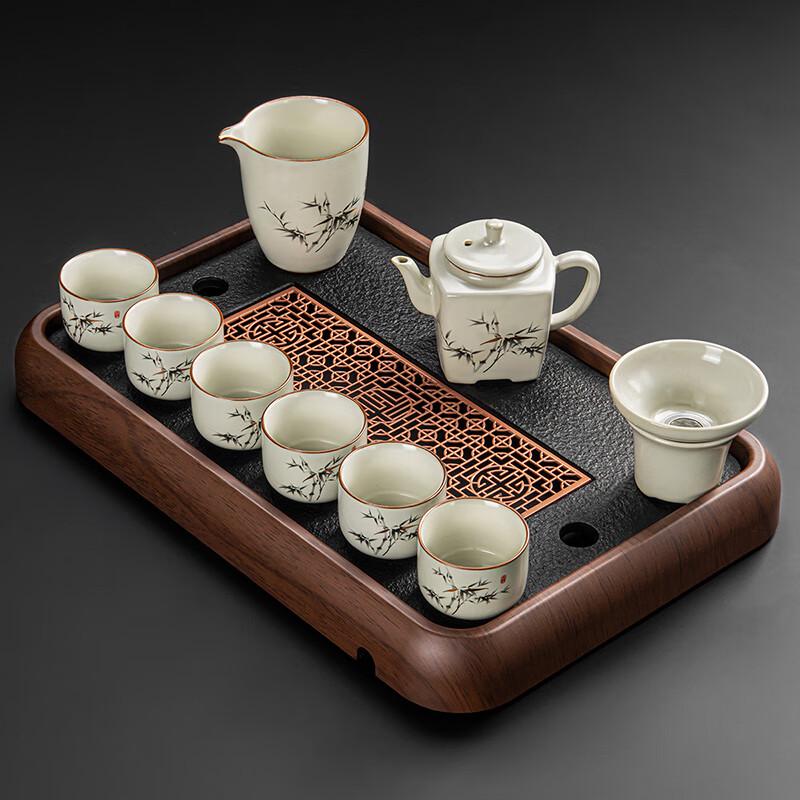 Ru Kiln Rich Bamboo Tea Set with Ebony Tray